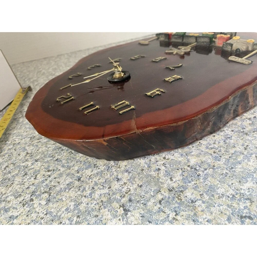 Vtg Hand Made Wood Slab Live Edge quarts wall  Clock w Train  Railroad Crossing